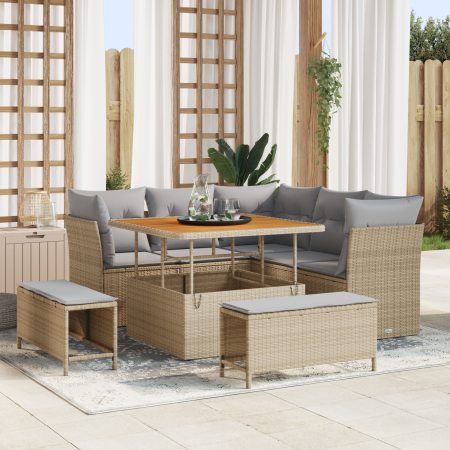 Juego de Sofás de Jardín de 8 Piezas con Cojines Beige de Ratán de Polietileno y Acacia | Foro24.es | Tu tienda online para hogar, jardín y más Foro24.es