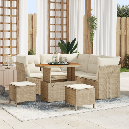 Juego de Sofás de Jardín de 8 Piezas con Cojines en Ratán Pólimero Beige y Acacia | Foro24.es | Tu tienda online para hogar, jardín y más Foro24.es