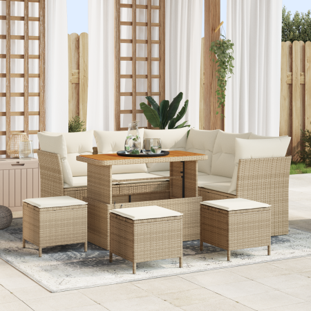 Juego de Sofás de Jardín de 9 piezas con Cojines Beige Ratán Poliéster Acacia | Foro24.es | Tu tienda online para hogar, jardín y más Foro24.es