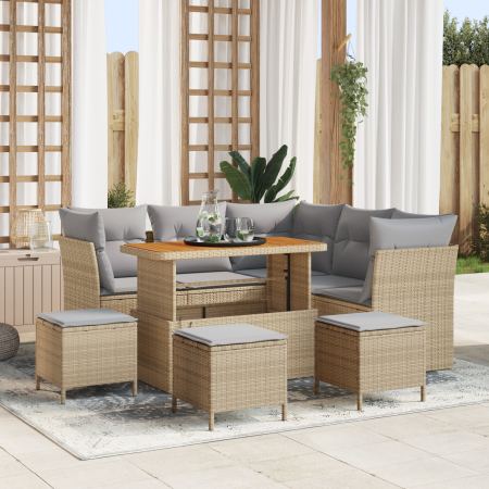 Juego de Sofás de Jardín de 9 Piezas con Cojines Beige Ratán Poliéster Acacia | Foro24.es | Tu tienda online para hogar, jardín y más Foro24.es