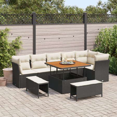 Juego de Sofá de Jardín de 9 Piezas con Cojines Ratán Negro Acacia | Foro24.es | Tu tienda online para hogar, jardín y más Foro24.es