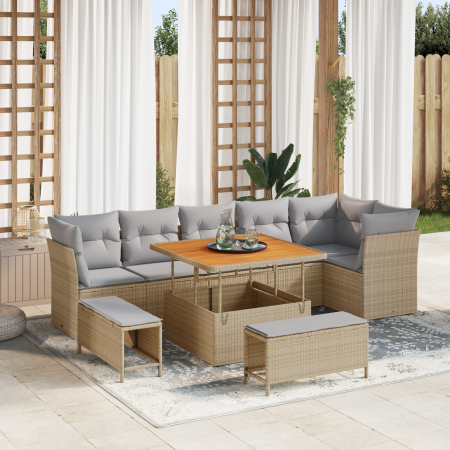 Juego de Sofá de Jardín de 9 Piezas con Cojines Beige Poliratán Acacia | Foro24.es | Tu tienda online para hogar, jardín y más Foro24.es