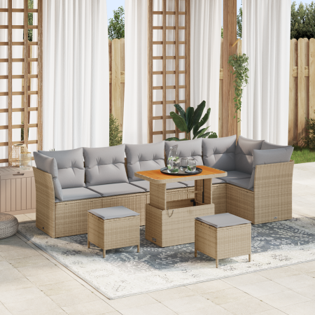 Juego de Sofá de Jardín de 9 Piezas con Cojines Beige Ratán Sintético Acacia | Foro24.es | Tu tienda online para hogar, jardín y más Foro24.es