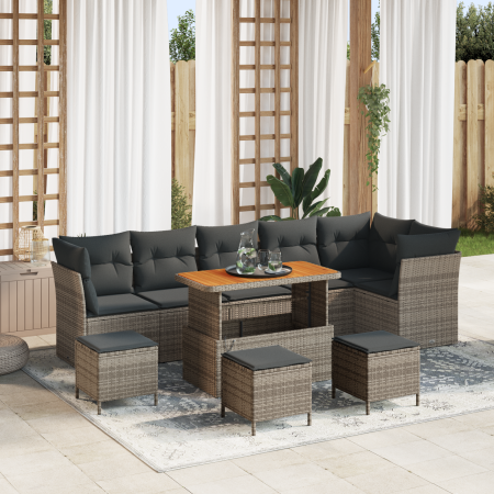 Conjunto de Sofá de Jardín de 10 Piezas con Cojines Gris Ratán Poliéster Acacia | Foro24.es | Tu tienda online para hogar, jardín y más Foro24.es