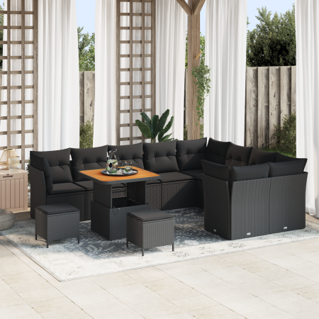 Juego de Sofá de Jardín de 12 Piezas con Cojines Negros de Poliratán Acacia von , Outdoor-Sofas - Ref: Foro24-3361519, Preis:...