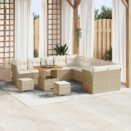 Juego de sofá de jardín de 13 piezas con cojines Beige Poliratán Acacia | Foro24.es | Tu tienda online para hogar, jardín y más Foro24.es