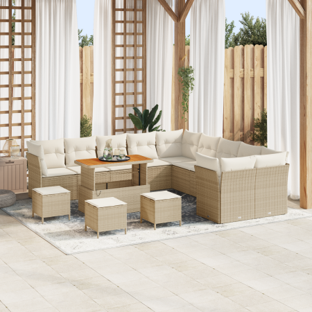 Juego de Sofás de Jardín de 14 Piezas con Cojines Beige Poliratán Acacia | Foro24.es | Tu tienda online para hogar, jardín y más Foro24.es