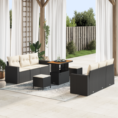 Juego de Sofás de Jardín de 9 Piezas con Cojines Negro Ratán Poliratan Acacia | Foro24.es | Tu tienda online para hogar, jardín y más Foro24.es