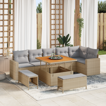 Juego de Sofá de Jardín de 9 Piezas con Cojines Beige Ratán Poliéster Acacia | Foro24.es | Tu tienda online para hogar, jardín y más Foro24.es