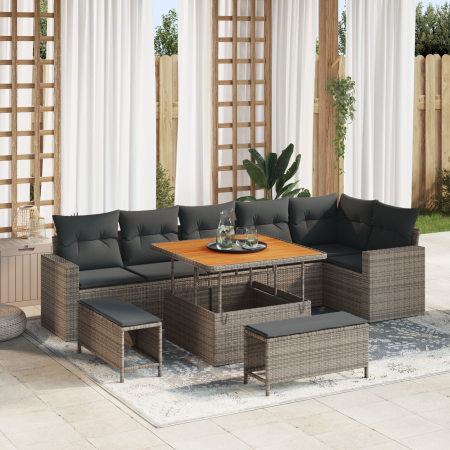 Juego de Sofá de Jardín de 9 Piezas con Cojines Gris Poliratán Acacia von , Outdoor-Sofas - Ref: Foro24-3361628, Preis: 643,8...