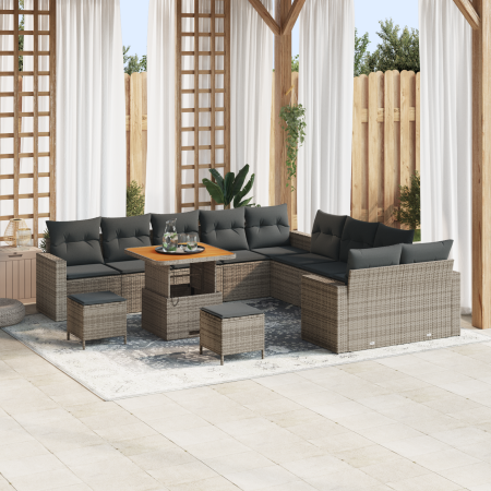 Juego de Sofá de Jardín de 13 Piezas con Cojines Gris Ratán Poli Acacia | Foro24.es | Tu tienda online para hogar, jardín y más Foro24.es