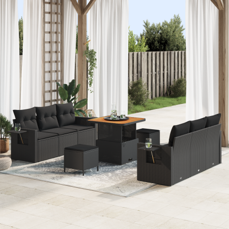 Juego de Sofás de Jardín de 9 Piezas con Cojines Negros de Poliratán y Acacia von , Outdoor-Sofas - Ref: Foro24-3361694, Prei...