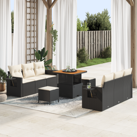 Juego de Sofá de Jardín de 9 Piezas con Cojines Ratán Poliéster Negro y Acacia | Foro24.es | Tu tienda online para hogar, jardín y más Foro24.es