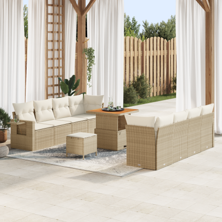 Juego de Sofá de Jardín de 11 Piezas con Cojines Beige de Ratán Poli Acacia | Foro24.es | Tu tienda online para hogar, jardín y más Foro24.es