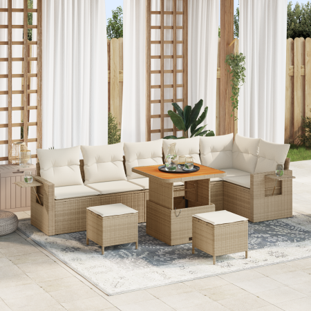 Juego de Sofás de Jardín de 9 Piezas con Cojines Beige Ratán Poliéster Acacia de , Sofás de exterior - Ref: Foro24-3361761, P...