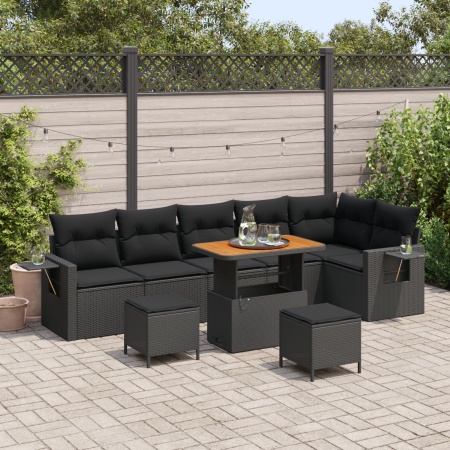 Juego de Sofá de Jardín de 9 Piezas con Cojines de Ratán Negro y Acacia | Foro24.es | Tu tienda online para hogar, jardín y más Foro24.es