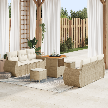 Juego de Sofás de Jardín de 9 Piezas con Cojines Beige de Poliratán y Acacia | Foro24.es | Tu tienda online para hogar, jardín y más Foro24.es