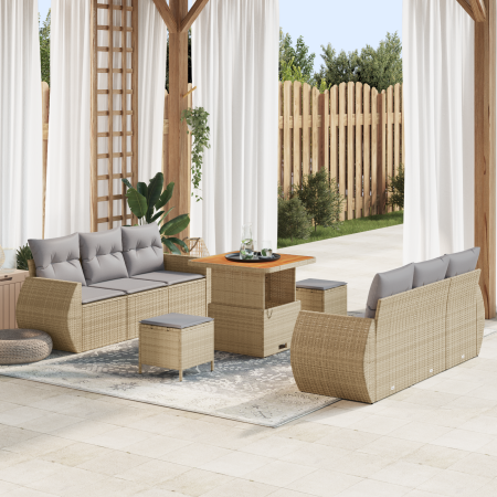 Juego de Sofá de Jardín de 9 Piezas con Cojines Beige Ratán Poliéster Acacia | Foro24.es | Tu tienda online para hogar, jardín y más Foro24.es