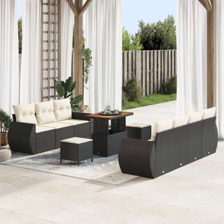 Juego de Sofá de Jardín de 10 Piezas con Cojines Ratán Poli Negro Acacia | Foro24.es | Tu tienda online para hogar, jardín y más Foro24.es