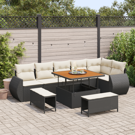 Juego de Sofá de Jardín de 9 Piezas con Cojines Poliratán Negro y Acacia | Foro24.es | Tu tienda online para hogar, jardín y más Foro24.es