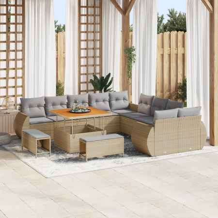Conjunto de Sofá de Jardín de 13 Piezas con Cojines Beige de Polirratán Acacia | Foro24.es | Tu tienda online para hogar, jardín y más Foro24.es