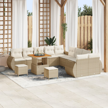 Juego de Sofá de Jardín de 13 Piezas con Cojines, Beige, Poliratán, Acacia | Foro24.es | Tu tienda online para hogar, jardín y más Foro24.es