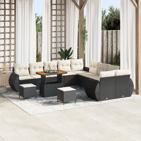 Juego de Sofá de Jardín de 13 Piezas con Cojines en Poliratán Negro y Acacia | Foro24.es | Tu tienda online para hogar, jardín y más Foro24.es