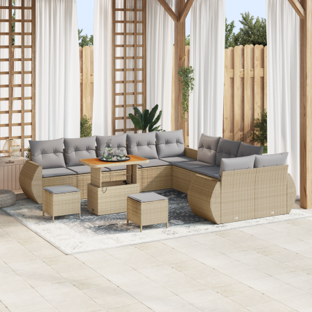 Juego de Sofá de Jardín de 13 Piezas con Cojines Beige Ratán Polirratán Acacia | Foro24.es | Tu tienda online para hogar, jardín y más Foro24.es