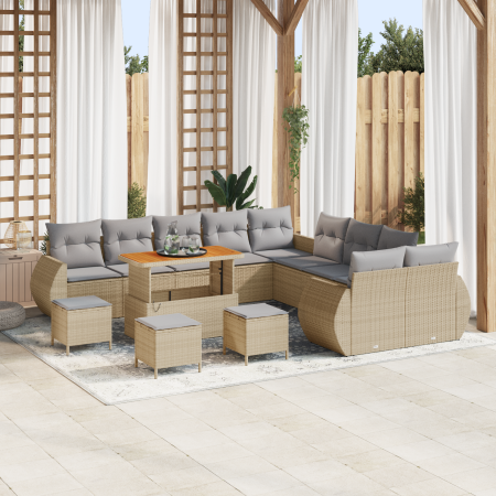 Conjunto de Sofá de Jardín de 14 Piezas con Cojines Beige Poliratán Acacia | Foro24.es | Tu tienda online para hogar, jardín y más Foro24.es