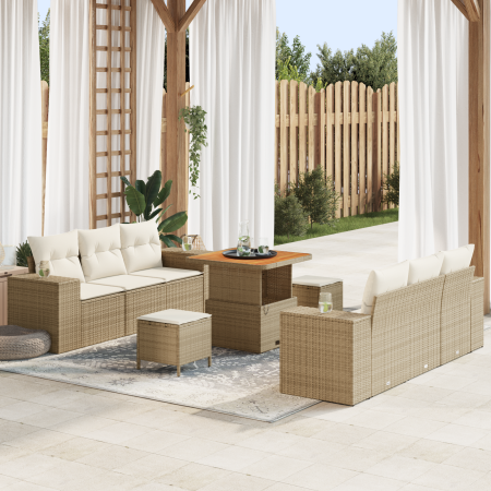 Juego de Sofá de Jardín de 9 Piezas con Cojines Beige Ratán Poliéster Acacia | Foro24.es | Tu tienda online para hogar, jardín y más Foro24.es
