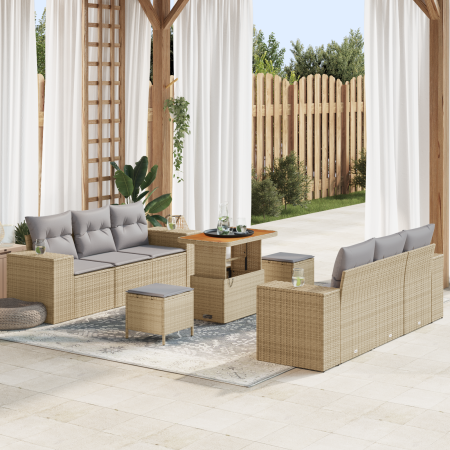 Juego de Sofá de Jardín de 9 Piezas con Cojines Beige Ratán Poli Acacia | Foro24.es | Tu tienda online para hogar, jardín y más Foro24.es