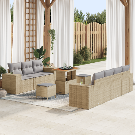 Juego de Sofá de Jardín de 10 Piezas con Cojines Beige Ratán Poli Acacia | Foro24.es | Tu tienda online para hogar, jardín y más Foro24.es
