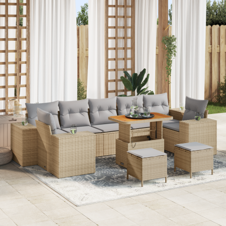 Juego de Sofá de Jardín de 10 Piezas con Cojines Beige Ratán Poliéster Acacia von , Outdoor-Sofas - Ref: Foro24-3361992, Prei...