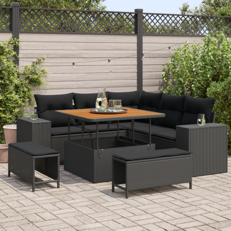 Set de Sofás de Jardín de 8 piezas con Cojines de Ratán Poli Negro Acacia | Foro24.es | Tu tienda online para hogar, jardín y más Foro24.es