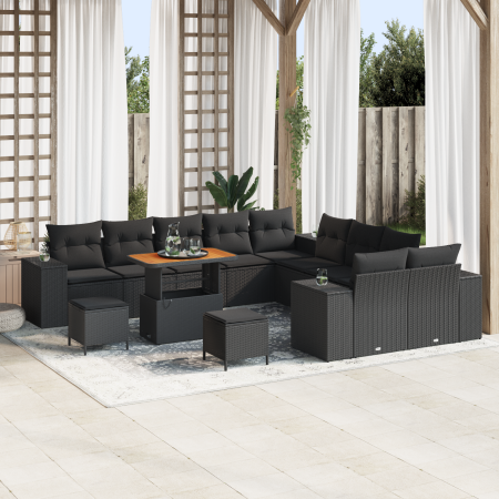 Juego de Sofá de Jardín de 13 Piezas con Cojines de Ratán Poli Negro Acacia | Foro24.es | Tu tienda online para hogar, jardín y más Foro24.es