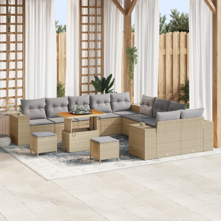 Conjunto de Sofá de Jardín de 13 Piezas con Cojines Beige Ratán Poliéster Acacia | Foro24.es | Tu tienda online para hogar, jardín y más Foro24.es