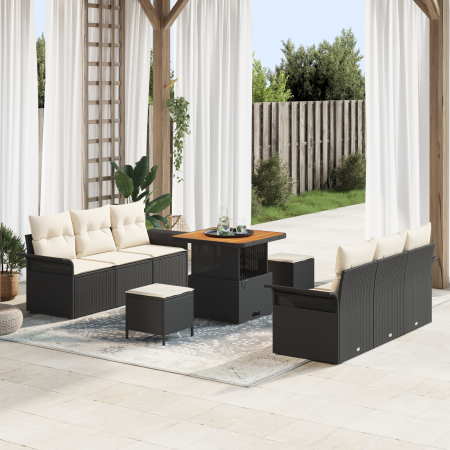 Juego de Sofá de Jardín de 9 Piezas con Cojines Ratán Poliéster Negro Acacia | Foro24.es | Tu tienda online para hogar, jardín y más Foro24.es