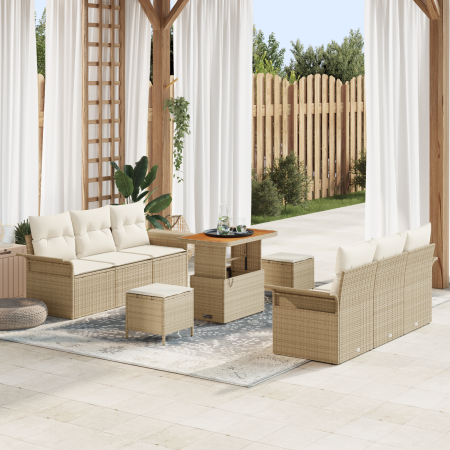 Juego de Sofás de Jardín de 9 Piezas con Cojines Beige Poliratán Acacia | Foro24.es | Tu tienda online para hogar, jardín y más Foro24.es
