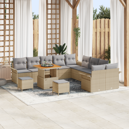 Set Sofá Jardín 13 Piezas con Cojines Beige Poliratán Acacia | Foro24.es | Tu tienda online para hogar, jardín y más Foro24.es