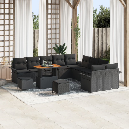 Juego de sofá de jardín de 13 piezas con cojines, negro, poliratán, acacia | Foro24.es | Tu tienda online para hogar, jardín y más Foro24.es