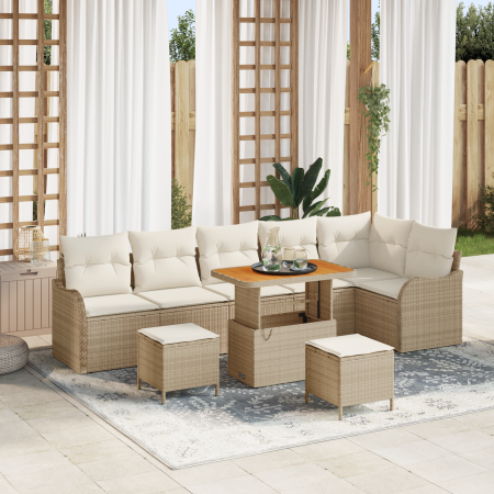 Juego de Sofá de Jardín de 9 Piezas con Cojines de Ratán Sintético Beige Acacia | Foro24.es | Tu tienda online para hogar, jardín y más Foro24.es