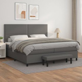 Cama box spring con colchón cuero sintético gris 200x200 cm Cama box spring con colchón cuero sintético gris 200x200 cm