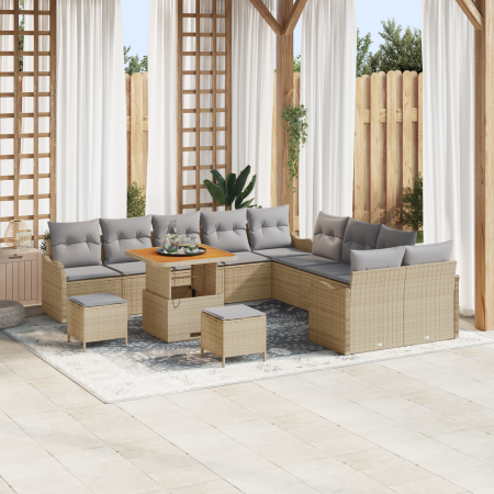 Juego de Sofá de Jardín de 13 Piezas con Cojines Beige Ratán Poliéster Acacia de , Sofás de exterior - Ref: Foro24-3362322, P...