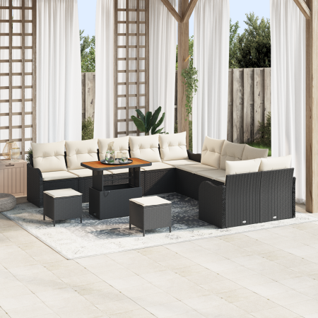 Juego de Sofá de Jardín de 13 Piezas con Cojines de Polirratán Negro Acacia | Foro24.es | Tu tienda online para hogar, jardín y más Foro24.es