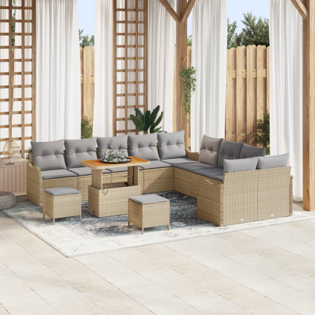 Juego de Sofá de Jardín de 13 Piezas con Cojines Beige Poliratán Acacia | Foro24.es | Tu tienda online para hogar, jardín y más Foro24.es