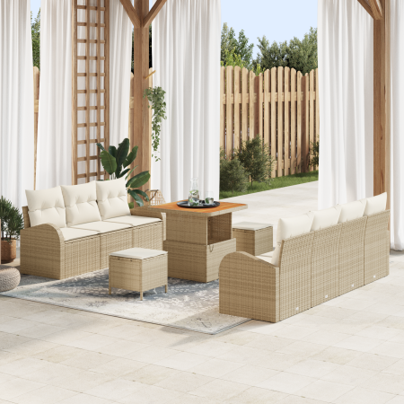 Juego de Sofá de Jardín de 10 Piezas con Cojines Beige Poliratán Acacia | Foro24.es | Tu tienda online para hogar, jardín y más Foro24.es