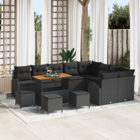 Juego de Sofá de Jardín de 13 Piezas con Cojines de Ratán Poliéster Negro Acacia von , Outdoor-Sofas - Ref: Foro24-3362439, P...