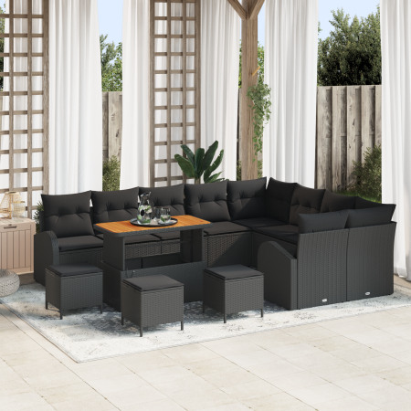 Juego de Sofá de Jardín de 13 Piezas con Cojines de Ratán Poliéster Negro Acacia von , Outdoor-Sofas - Ref: Foro24-3362439, P...
