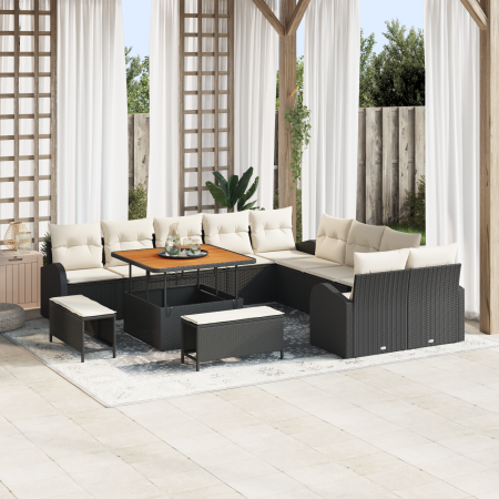 Set de Sofá de Jardín de 13 Piezas con Cojines de Ratán Negro y Acacia | Foro24.es | Tu tienda online para hogar, jardín y más Foro24.es