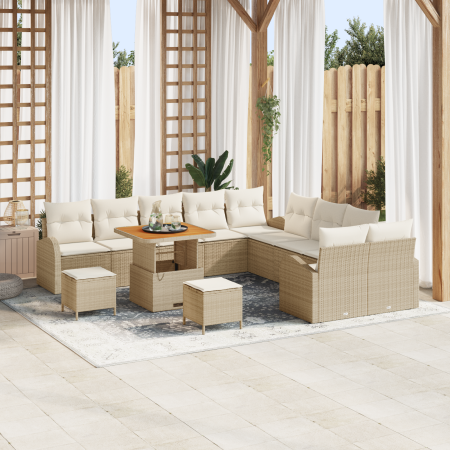 Juego de Sofá de Jardín de 13 Piezas con Cojines Beige de Poliratán Acacia | Foro24.es | Tu tienda online para hogar, jardín y más Foro24.es